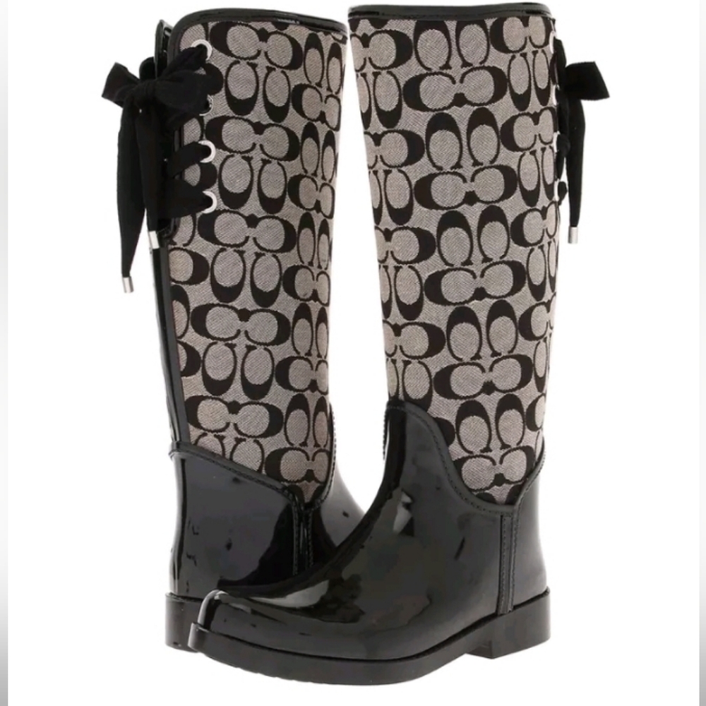 COACH TRISTEE BLACK WHITE LOGO CANVAS LACE UP CORSET RAIN BOOTS 8